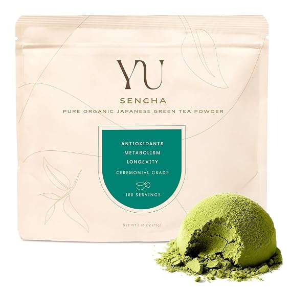 Yu Tea Organic Sencha Green Tea Powder, 100 Servings | Rich in Antioxidants, EGCG, L-Theanine | Pure Japanese First Harvest Leaf | Low Caffeine & Unsweetened | Resealable Pouch, 2.65 oz