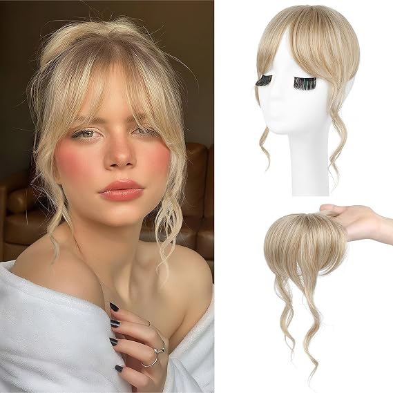 Flufymooz Clip in Bangs,12 Inch French Bang Fringe with Temples Hairpieces for Women Daily Wear-Medium Blonde with Light Blonde Highlight