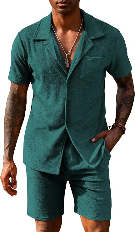 URRU Mens Short Sets 2 Piece Outfits Summer Beach Terry Short Sleeve Button Down Shirt and Shorts Set