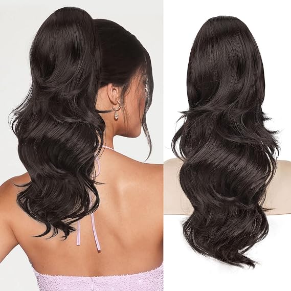 BOGSEA Ponytail Extension 20 Inch Drawstring Ponytail Extension for Women Long Wavy Hair Extensions for Daily Use(Dark Brown)