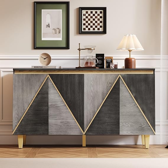 60" Buffet Cabinet with Storage, 4-Door Sideboard with Dimensional Effect Doors and Adjustable Shelves,for Dining Room Kitchen Living Room (Light and Dark Gray#a)