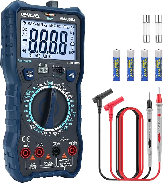 VENLAB Digital Multimeter, TRMS 6000 Counts Manual Range, DC AC Volt Ohm Circuit Tester for Voltage, Current, Resistance, Diodes Continuity, Capacitance, Frequency, NCV, Continuity