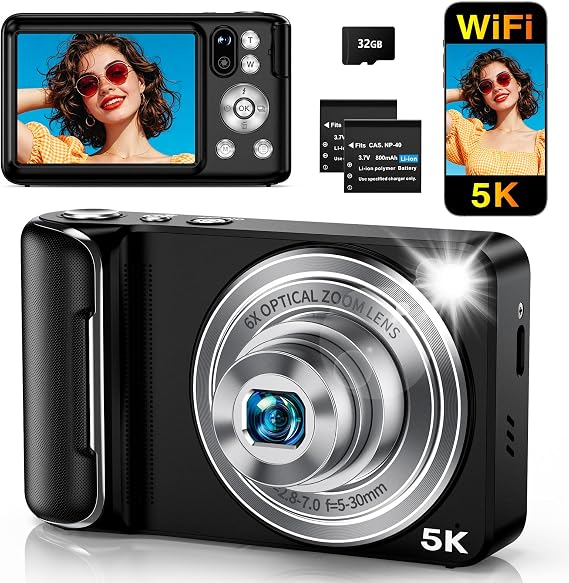 5K Digital Camera for Photography WiFi 64MP Autofocus Dual Lens, Black