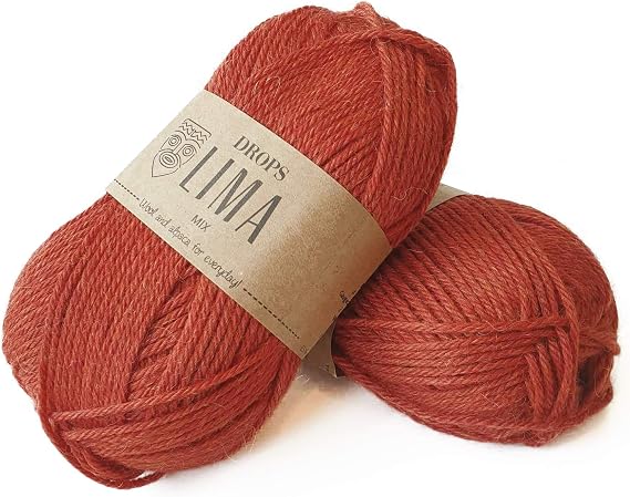65% Wool and 35% Alpaca Yarn for Knitting and Crocheting, 3 or Light, Worsted, DK Weight, Drops Lima, 1.8 oz 109 Yards per Ball (0707 Rust)