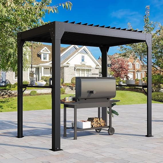 8x5 FT Grill Pergola Adjustable Louvered Roof w/ 2 Shelves