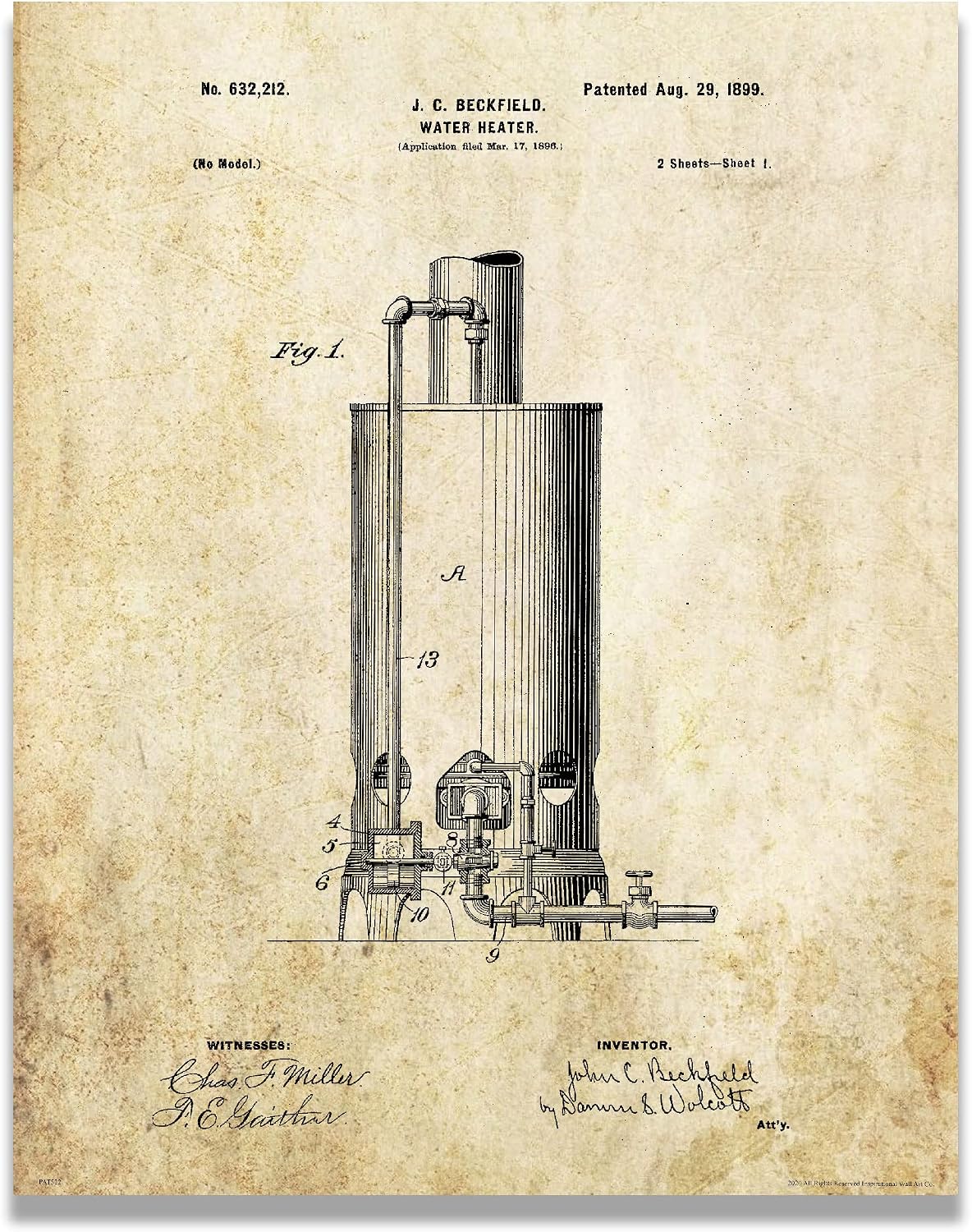 Inspirational Wall Art Co. - Vintage Water Heater Patent Art Print Plumbing Repair Service Office Wall Decor 11X14 inches