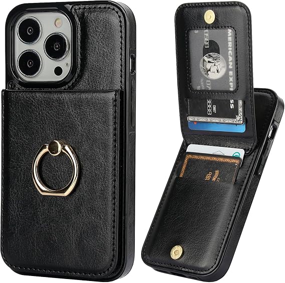 KIHUWEY for iPhone 13 Pro Case Wallet with Credit Card Holder, 360 Rotation Ring PU Leather Magnetic Clasp Kickstand Heavy Duty Protective Cover for Women and Men 6.1 Inch (Black)