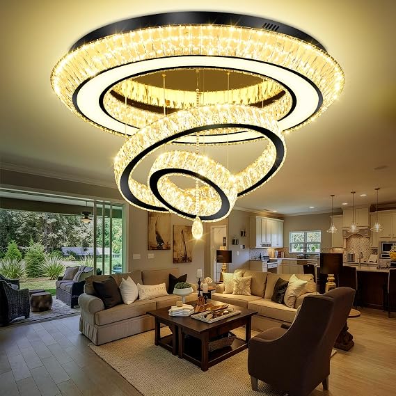Modern 3 Ring Chandelier for Living Room Luxury 3-Tier Crystal Chandelier Dining 40in Black LED Dimmable Crystal Raindrop Chandeliers Lighting