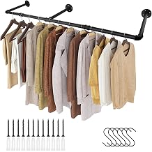 Wall Mounted Clothes Rail - 140cm 55" Black Industrial Pipe Clothing Rail with 6 S-Hooks, Heavy Duty Metal Clothes Hanging Rail for Bedroom Wardrobe Closet Storage, Includes Fixing Kit