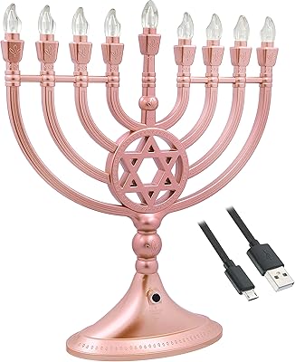 The Dreidel Company Traditional LED Electric Rose Gold Hanukkah Menorah - Battery or USB Powered - Includes a Micro USB 4 Charging Cable