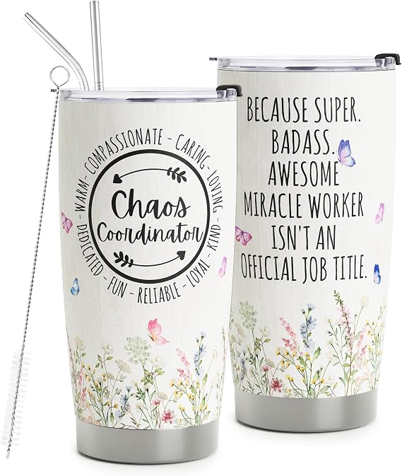 Chaos Coordinator gifts - Chaos Coordinator Travel Mug with Straw for Mom Coworker Boss Manager Employee - Stainless Steel Tumbler Cup 20oz