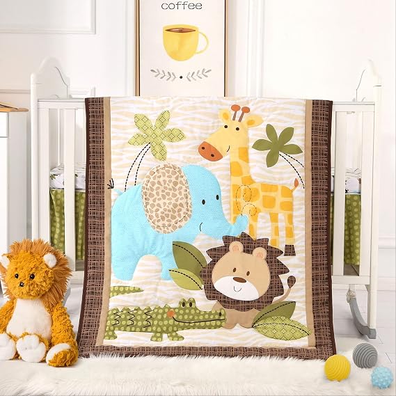 Safari Crib Bedding Set, Mini Crib Bedding Set Boy 3-Piece Mini Crib Comforter Set, Nursery Bedding Sets for Boys Include Crib Comforter, Skirt and Sheet, Brown