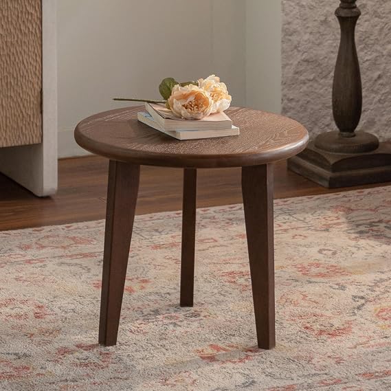 Solid Wood Side Table, Modern Bedside Table with 3 Sturdy Legs, Mid-Century Small Nightstand for Living Room Small Spaces, Walnut, 19.69" D x 17.72" H