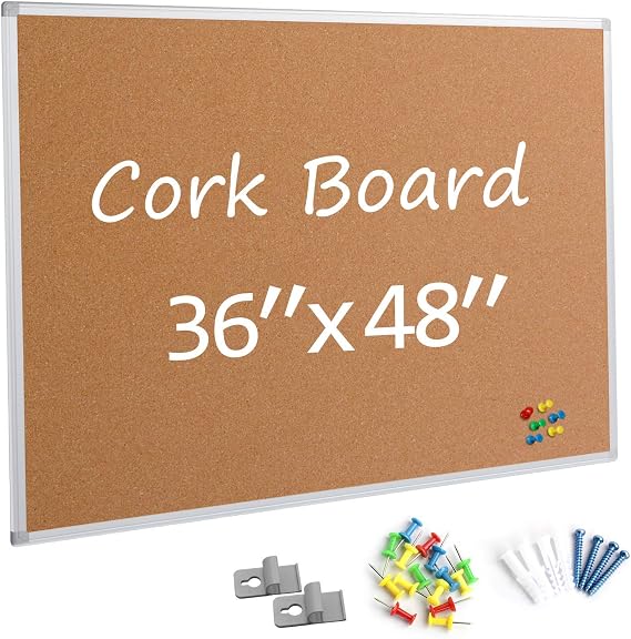 Bulletin Board 36 x 48, Silver Aluminium Framed 4x3 Large Wall Mounted Cork Office Notice Pin Board