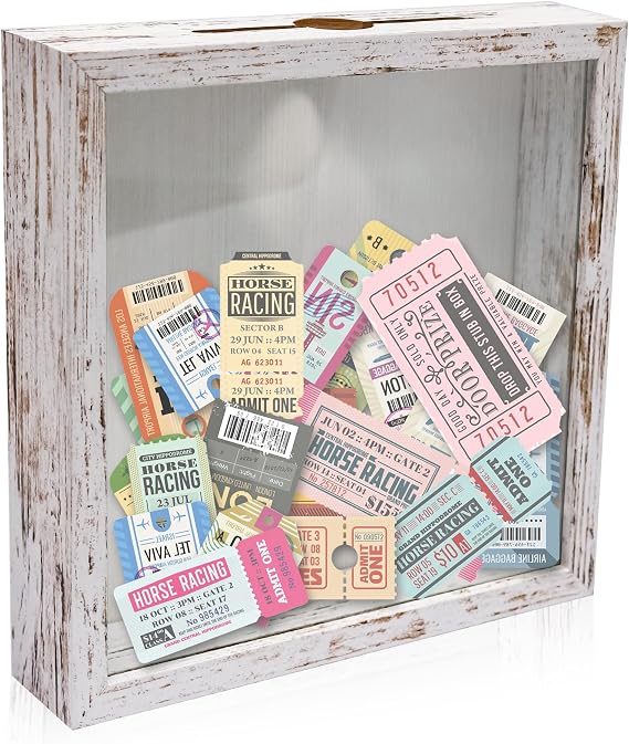 Top Loading Shadow Box , Wood & Real Glass Shadow Box Frame with Slot on Top Ready to Hang Memory Box , Pins, Awards, Medals, Wedding and Photos, White, 8x8