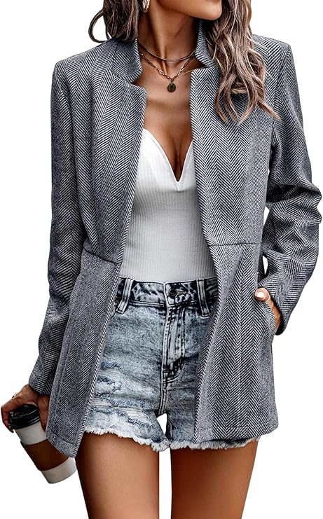 Jhsnjnr Women's Jackets Open Front Casual Business Office Cardigan Blazers Long Sleeve Stand Collar Outwear Coats