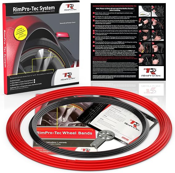 Rimpro-Tec Wheel Bands Rim Protectors for Car Wheels for Protection and Decor, Durable All-Weather Rims Protectors Easy-to-Install Rim Guard Fit from 12" to 22" Wheels Base: Red, Inner: Black.
