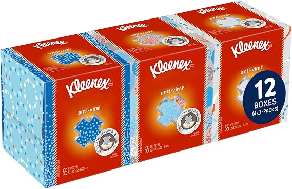 Kleenex 21286 Boutique Anti-Viral Tissue, 3-Ply, Pop-Up Box, 55/Box, 3 Boxes/Pack | Upright Cube Boxes (4 Packs of 3), 3-Ply for Extra Softness, Moisture-Activated Middle Layer, Premium Tier
