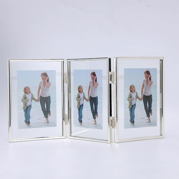 Triple Floating Picture Frame Real Glass Metal Photo Frames for Multiple Photo Sizes 5x7 4x6 3.5x5 Vertical Adjustable Tabletop Photo Frame Great Gift for Home or Wedding Decoration (SILVER)