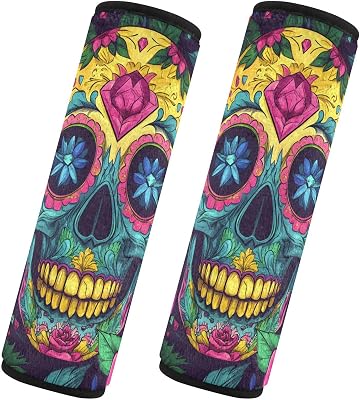2 Pack Car Seat Belt Covers for Adults & Kids, Sugar Skull Rose Diamond 10x7.7 Universal Fit Car Seat Straps Shoulder Pads for CarTruckSUV & Backpack Shoulder Neck Protector, M