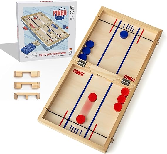 Pinbo Sling Puck Game (18") Premium Wooden Foldable Board | 2 Player Tabletop Game for Adults & Kids | Travel Friendly Classic Slingshot Game