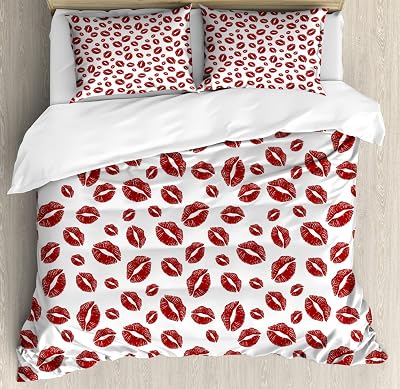 Ambesonne Kiss Duvet Cover Sets, Monochrome Design Warm Tone Girl Kises, Bedding Set with 2 Duvet Covers & 4 Pillowcases, 2 Pack King Size, Ruby and White