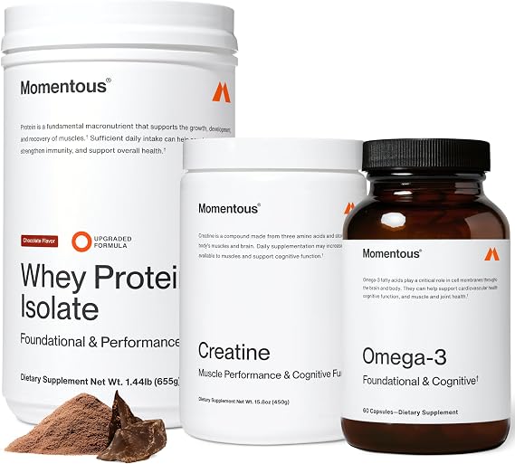 Momentous Three - Creatine Monohydrate Powder (90 Servings), Grass-Fed Whey Protein Powder (Chocolate) & Omega-3 Fish Oil 1600mg - Daily Essentials for Strength, Performance & Lean Muscle Recovery