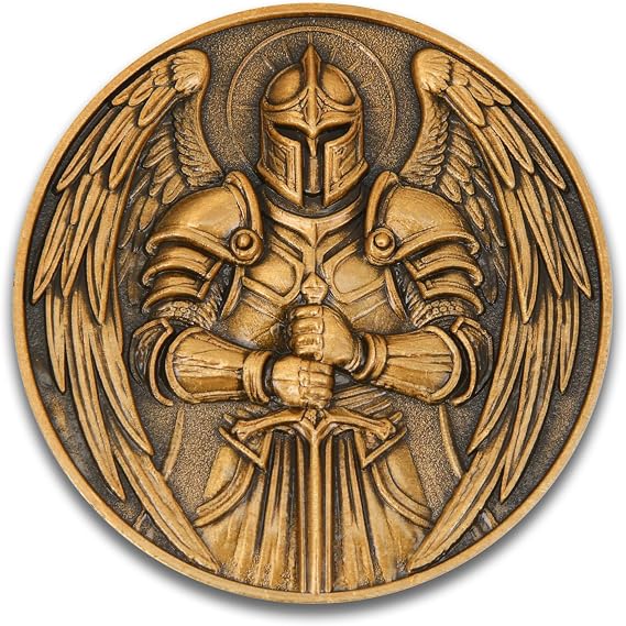St. Benedict Challenge Coin, Saint Benedict Pocket Medal - 1.574 Inch Zinc Alloy Antique Gold Collectible Coin with Armored Angel & Latin Cross - Dual-Sided 3D Engraved Military/Religious Coin