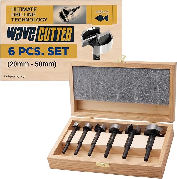 Fisch 03170006K Wave-Cutter Forstner Bit Set in Wooden Case Silver/Beige 20-50 mm Set of 6 Pieces