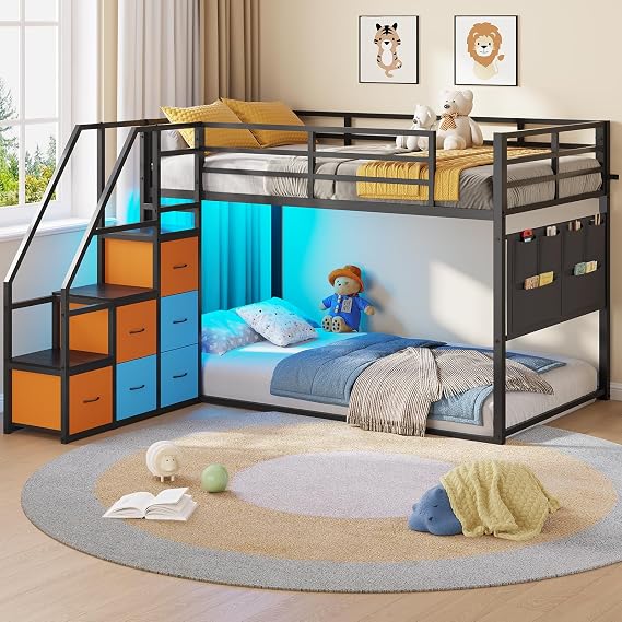 Bunk Bed Twin Over Twin with Stairs, 6 Storage Drawers and LED Lights,Black