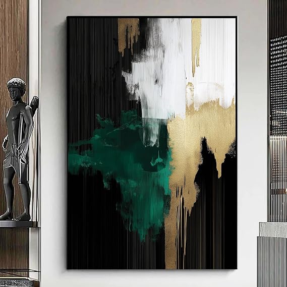 Green and Gold Abstract Wall Art Dark Green and Black Painting Gold Foil Artwork Modern Abstract Art Prints Emerald Painting Black Grey Pictures for Living Room Bedroom 16x24inch No Frame