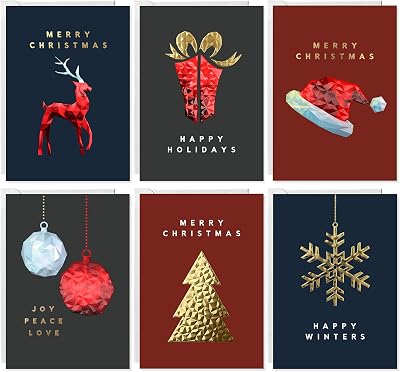 easykart labels 18 Christmas Greeting Card Assortment With Envelopes, Gold Foil With 3D Embossing Effect Design, 5.75 x 4.25 Inch