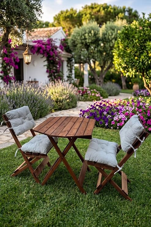 Reyo Premium Katlanır Bistro Masa Sandalye Seti, Masif Ahşap, Ceviz/Beyaz, 3'lü, Balkon ve Bahçe için, 70x70 cm Masa