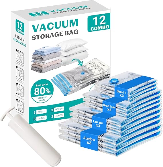 Vacuum Storage Bags,12 Pack Vacuum Bags with Travel Hand Pump,Vacuum Pack Bags for Clothes,Blankets,Comforters,Pillows,Clothes Storage(3 x Jumbo, 3 x Large, 3 x Medium, 3 x Small)