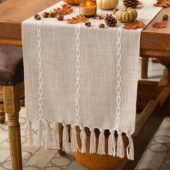 Wracra Rustic Linen Table Runner, Light Coffee Table Runners 60 inches Long