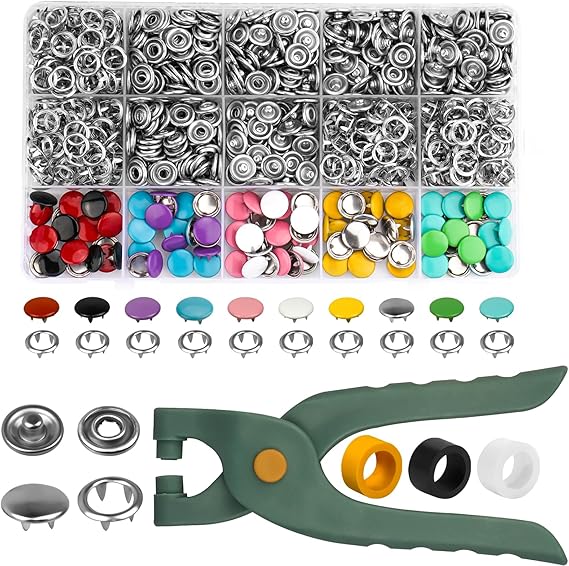 rietegio Snap Button Fastener Kit 250 Sets Poppers Fasteners with Pliers No Sewing Studs Snap Fasteners Hollow and Solid for DIY Clothes Leather Jeans Bags (10 Colors)