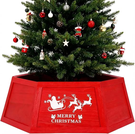 Weysat 30" Wooden Tree Collar Box Christmas Tree Skirt Collar Christmas Decoration Farmhouse Xmas Stand Cover Natural Wood Rustic Hexagon Xmas Base Cover 6-Piece Fit Below 29.5"(Red)