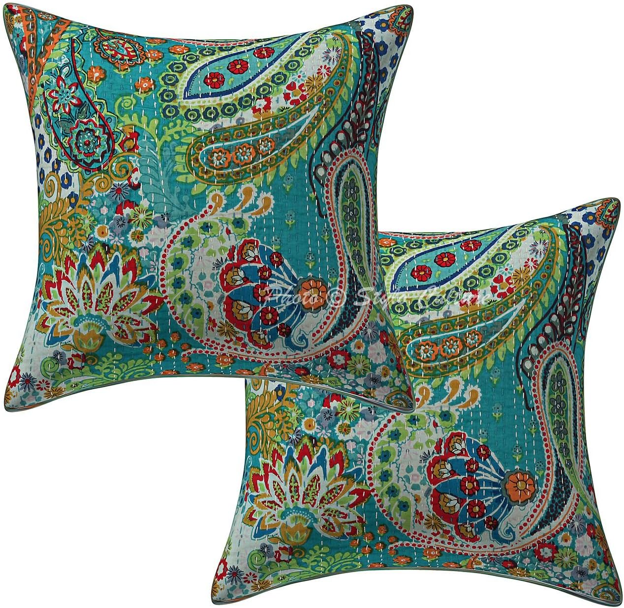Stylo Culture Cotton Boho Decorative Cushion Covers Sea Green 40cm x 40cm Paisley Floral Sofa Scatter Cushions Kantha Printed 16x16 inches Kids Throw Pillows Set Of 2