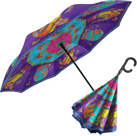 Laurel Burch Reverse Inverted Windproof Reverse Opening Upside Down Umbrella with C-shaped Handsfree Handle