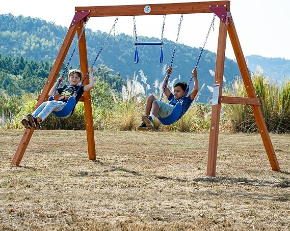 Dolphin Playground DIY Swing Sets for Backyard, Wooden Swing Set Outdoor for Kids with Trapeze Swing Bar and 2 Belt Swings, Heavy Duty Playground Accessories, Suitable for Any Swing Replacements