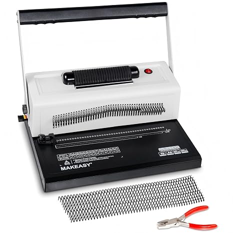 MAKEASY Spiral Coil Binding Machine with 46 Fully Disengaging Pins - 4:1 Pitch - Electric Coil Inserter - Adjustable Side Margin,  with Free 1 Box Coil Spines & Plier, 20 Sheet Punch Capacity