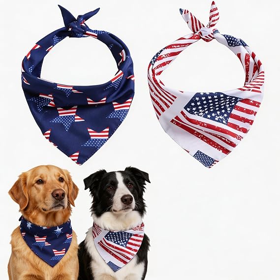 Tinsow 2 PCS Washable Dog Bandanas Bibs American Flag Square Dog Kerchief Independence Day Puppy Collar Cat Pets Collar (Blue and Red-A)