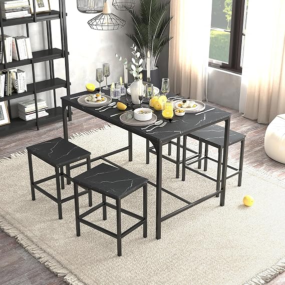 FurnitureR 5-Piece Dining Set Space-Saving Rustic Rectangular Table with 4 Stools, Wooden Surfaces and Sturdy Metal Frame, Ideal for Compact Spaces, Small Kitchens, and Apartments (Black)