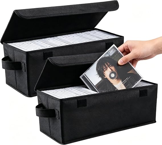 CD Storage Box - Pack of 2 CD Case Holder with Cover,14"*6.2"* 5.5" | Stackable CD Case Organizer Holder 35 CDs in Full Jewel Cases, 70 CDs in Slim Cases or 180 Discs in CD Sleeves - Black