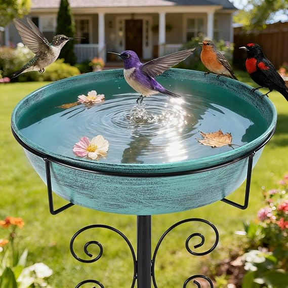 3" Deep 43" Tall Metal Bird Bath for Outdoors, 12" Dia Removable Birdbaths | Water Bowl for Outside, Vintage Standing Bird Baths with Stable Stake for Garden Yard Lawn Decor 1.4 Gallon, Blue-Green
