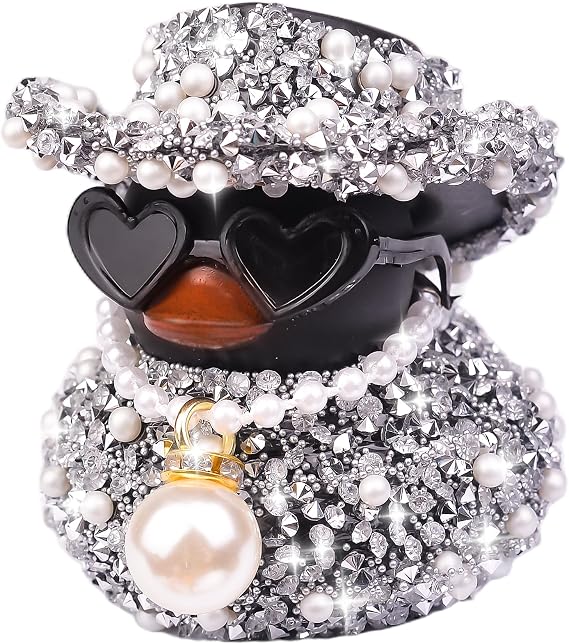 Diamond Rubber Duck Car Ornaments Dashboard Decorations with Sunglasses Pearl Necklace Cool Ducks Car Accessories Office
