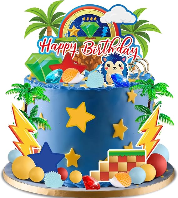 GZDUCK Hedgehog Cake Topper- Hedgehog Cake Decoration, Blue Cartoon Themed Happy Birthday Cake Topper with Diamond, Tree Animals Forest Cake Decor for Kids Girls Birthday Party Supplies