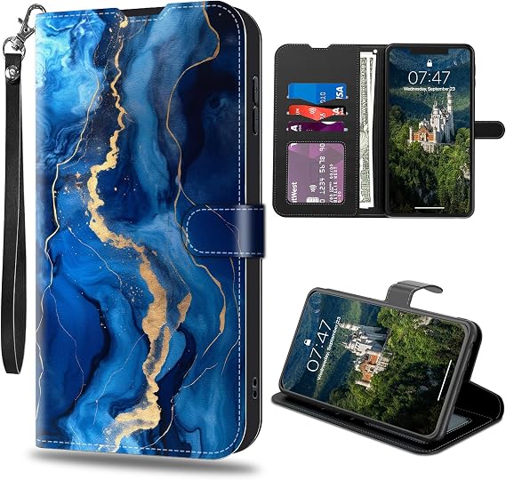 for Samsung Galaxy A03S Wallet Case with Credit Card Slots Holder, PU Leather Shockproof RFID Blocking Cover for Samsung Galaxy A03S,Blue Marble Pattern