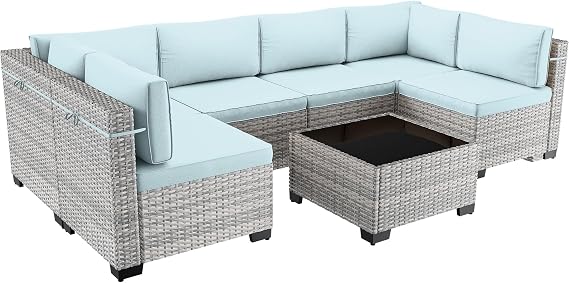 7-Piece Patio Furniture Set, Outdoor Sectional with Thick Cushions, Modular Patio Sofa, Dual-Strand Wicker Rattan, Rust-Resistant Frame, Backyard Furniture for Garden, Deck, Light Blue