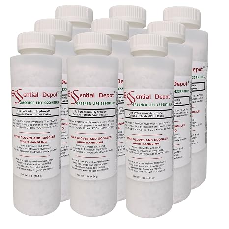 Essential Depot Potassium Hydroxide Flakes KOH, 9 lbs (9 x 1 lb Container) Caustic Potash Anhydrous KOH Dry Electrolyte - HDPE Container with Resealable Child Resistant Cap